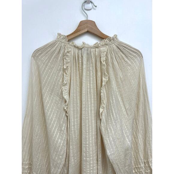 Cleobella Cream Ari Metallic Stripe Ruffle Puff Sleeve Peasant Blouse Large - Picture 7 of 16